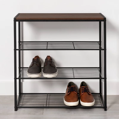 4 Tier Shoe Rack Black Metal With Walnut Wood - Brightroom™ 1 4 Tier Shoe Rack Black Metal With Walnut Wood - Brightroom™